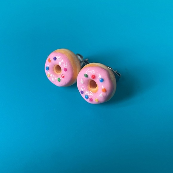 Pink Sprinkle Donut Stud Earrings Handmade ChellePastel Dopamine Jewelry EUC - Picture 1 of 12